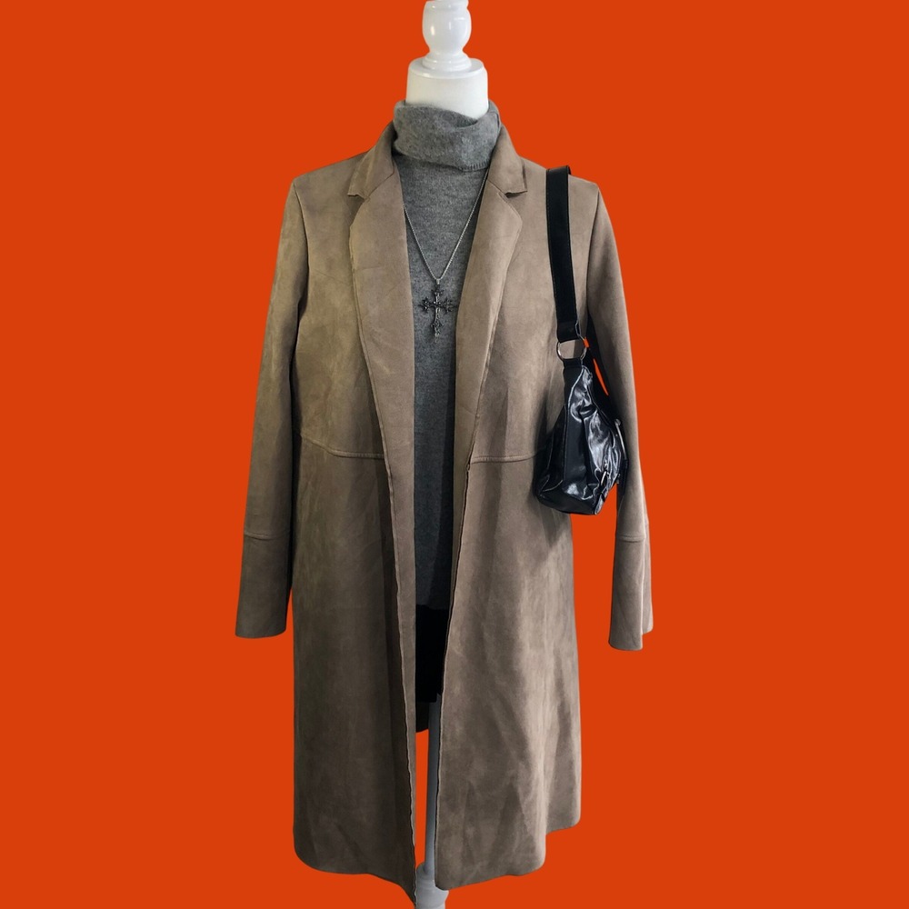 Zara Womens Small Taupe Tan Faux Suede Open Front Longline Duster Coat Jacket S
